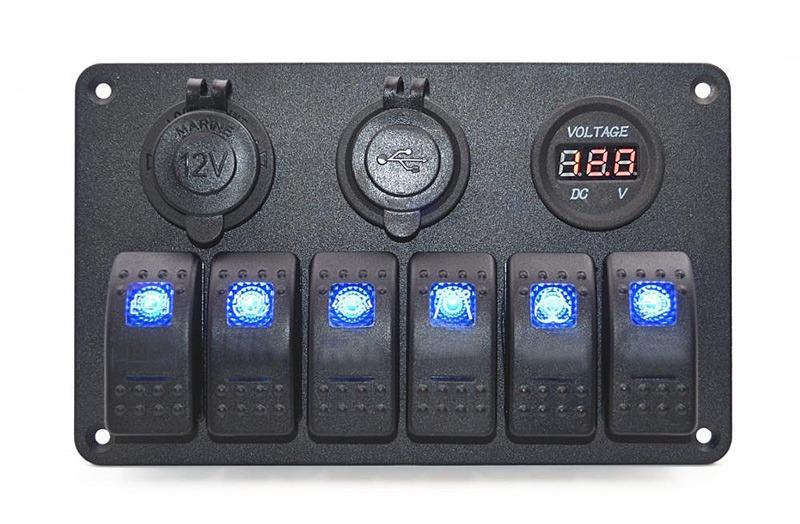 Panel Control 6 Switch Con USB, 12V y Voltimetro Digital 