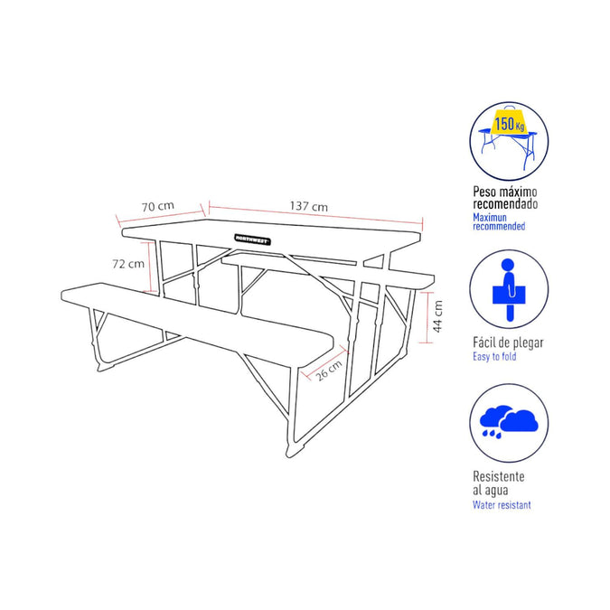 Miniatura Set Mesa Y Bancos Plegables 137X70X72Cm Diseño Madera - Color: Madera