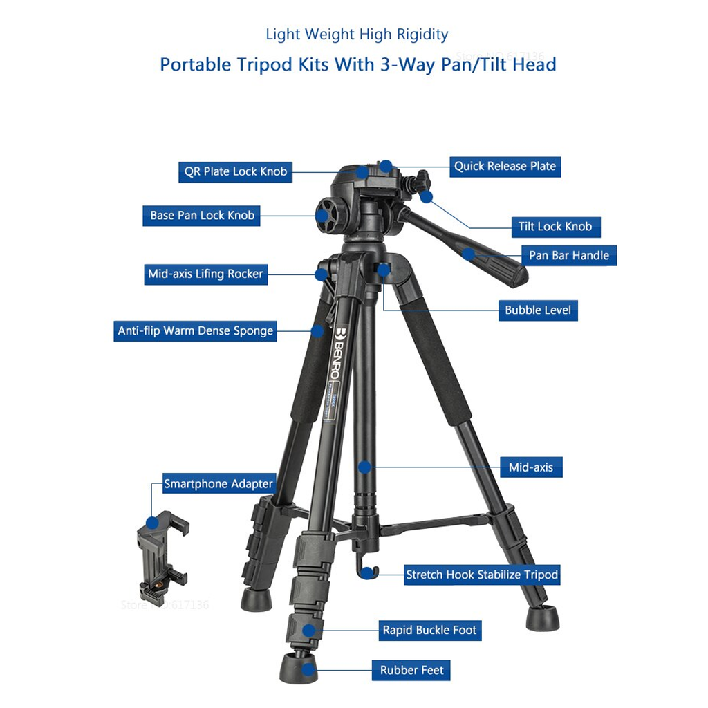 Kit Trípode de Aluminio con Cabezal y Clip SmartPhone con Bluetooth Serie Digital - Color: Negro