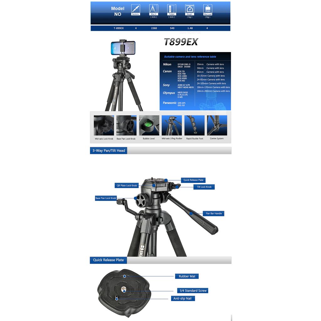 Miniatura Kit Trípode de Aluminio con Cabezal y Clip SmartPhone con Bluetooth Serie Digital - Color: Negro