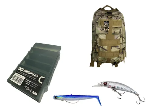 Kit Pesca SW - Mochila Barbaric Camo -Caja Mebao 30103 - Vinilo Savage 22G Blue - Señuelo Savage Grav Runner 37G Zebra
